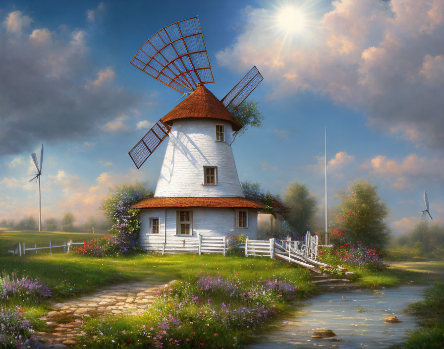 Scenic traditional windmill near stream with wildflowers and distant windmills under partly cloudy sky