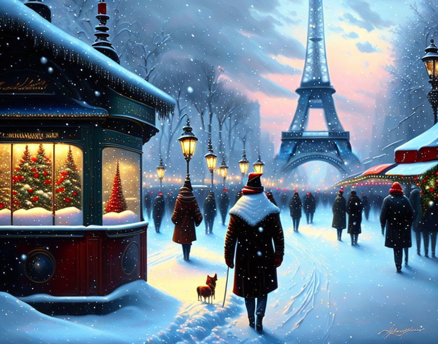 Person walking small dog near festive streetcar and Eiffel Tower in snowy Paris scene