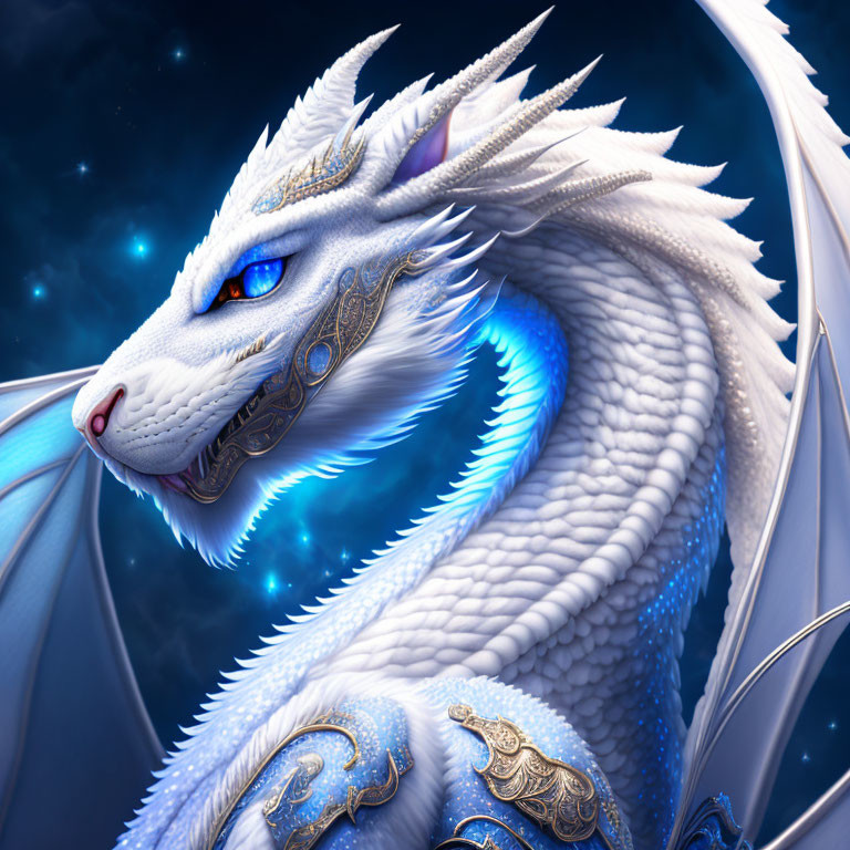 White Dragon in Golden Armor on Starry Night Sky