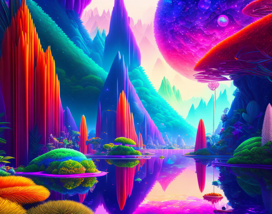 Colorful Fantasy Landscape with Neon Flora, Reflective Lake, and Cosmic Sky