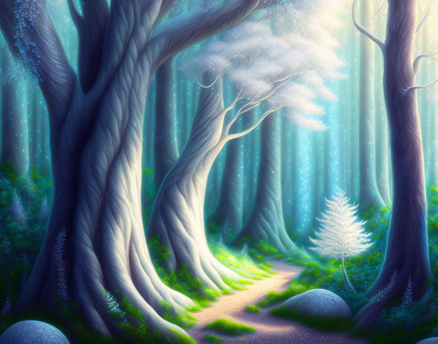 Enchanting forest with glowing trees and verdant path