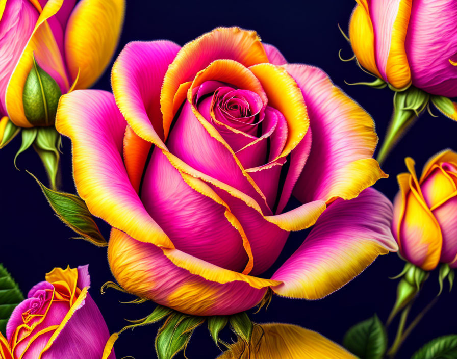 Bi-Colored Rose with Yellow and Pink Petals on Dark Background