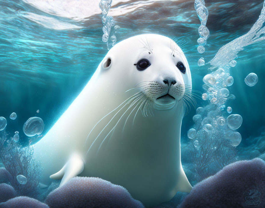 White Seal Swimming Among Bubbles and Coral Under Sun Rays