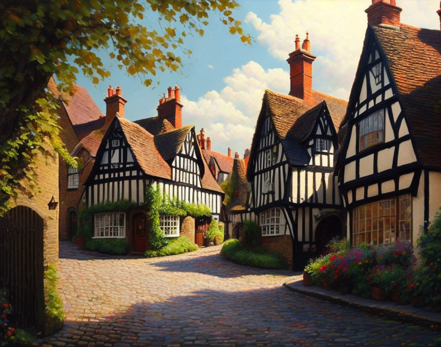 Charming cobblestone street with timber-framed houses and floral arrangements