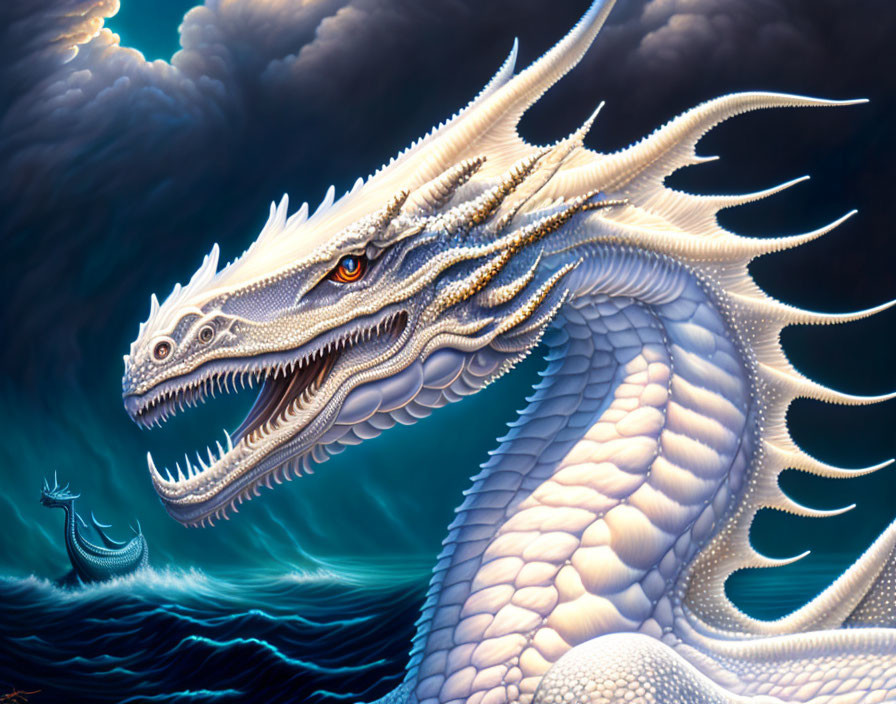 White Dragon Emerges from Stormy Sea with Sailboat