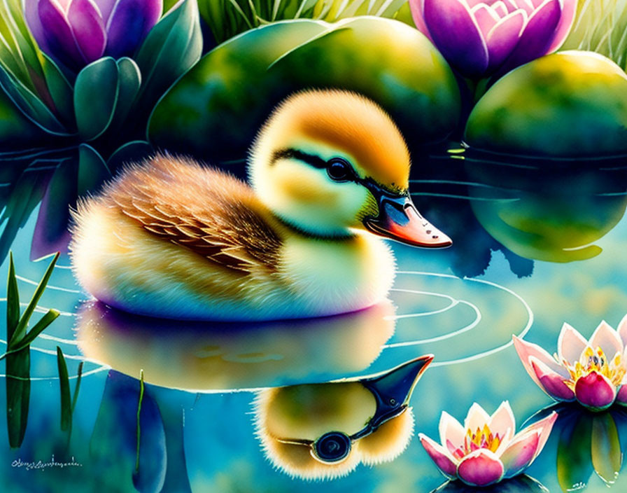 Vibrant Duckling Illustration with Lotus Flowers and Lily Pads