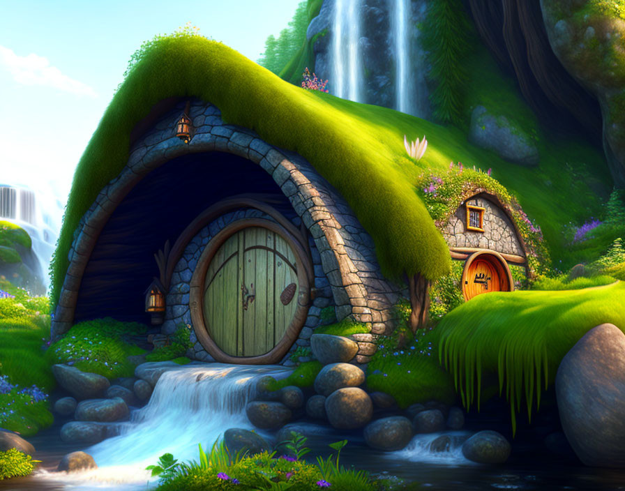 Illustration of Cozy Hobbit-Style House in Lush Green Landscape