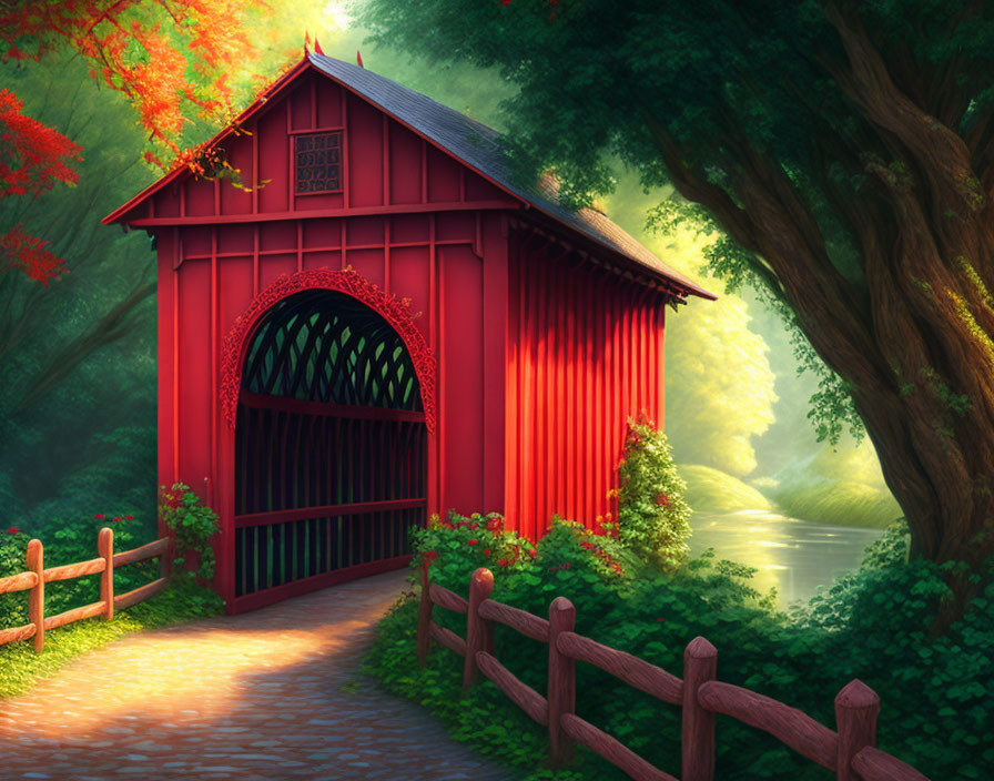 Scenic red covered bridge in lush greenery by serene river