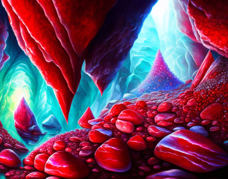 Colorful surreal cave with crimson stalactites and turquoise walls