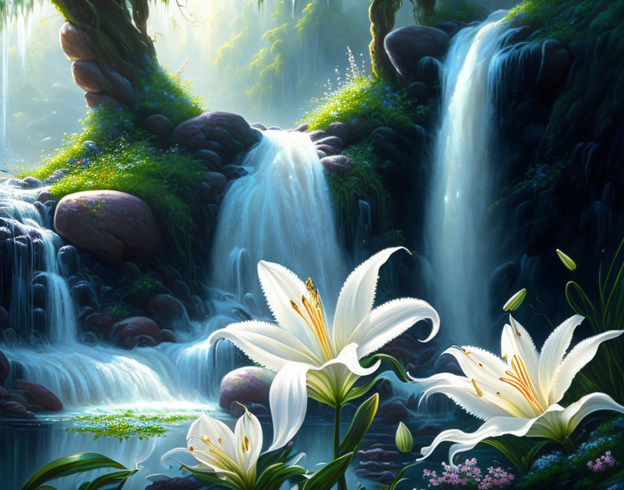 Tranquil waterfall scene with white lilies and sunlight