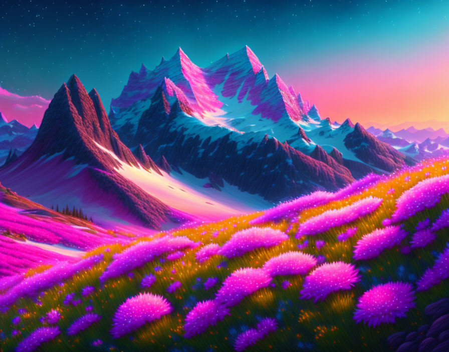 Snow-capped pink mountains and twilight sky with vibrant landscape and pink flowers.