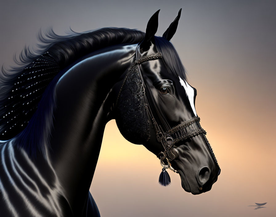 Detailed Black Horse Digital Artwork with Ornate Bridle on Gradient Background