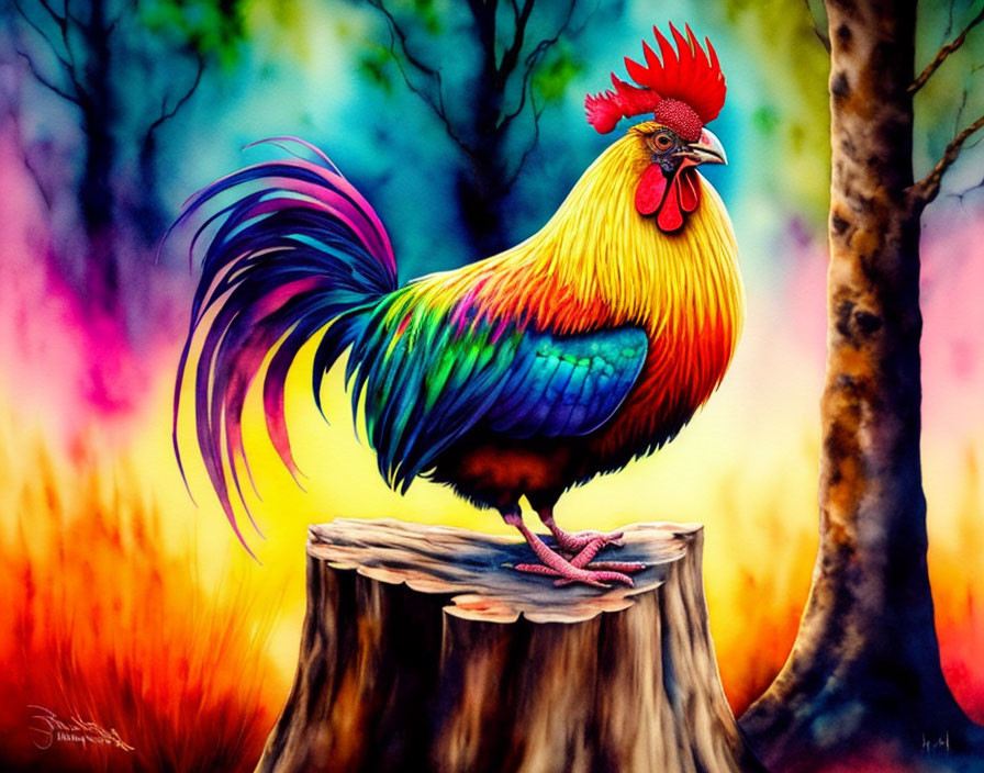 Colorful rooster perched on tree stump in impressionistic painting