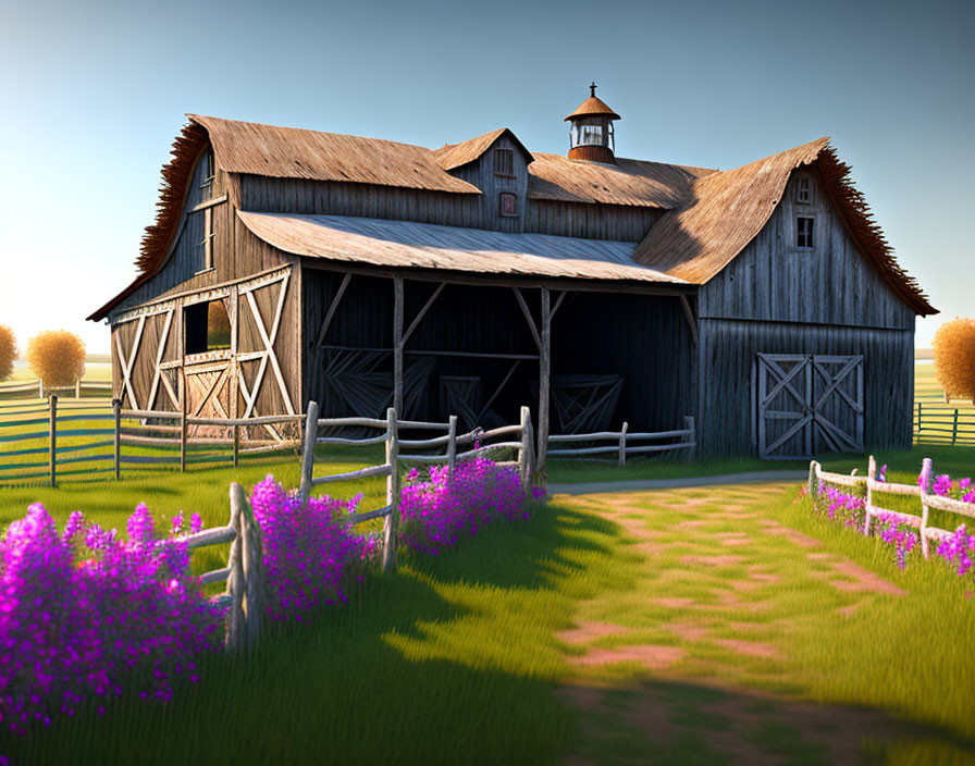 Rustic wooden barn in pastoral landscape with open doors and purple flowers