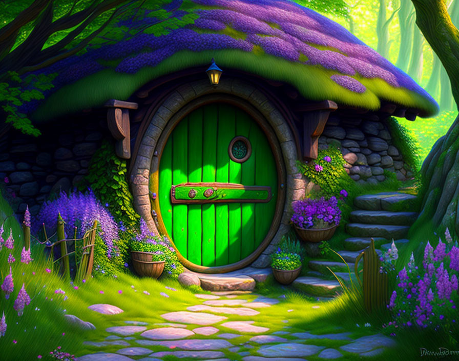 Illustration of round green door in stone house with purple thatched roof in magical forest.