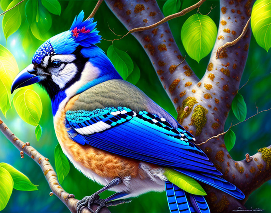 Blue jay perched on branch with vibrant blue and white plumage