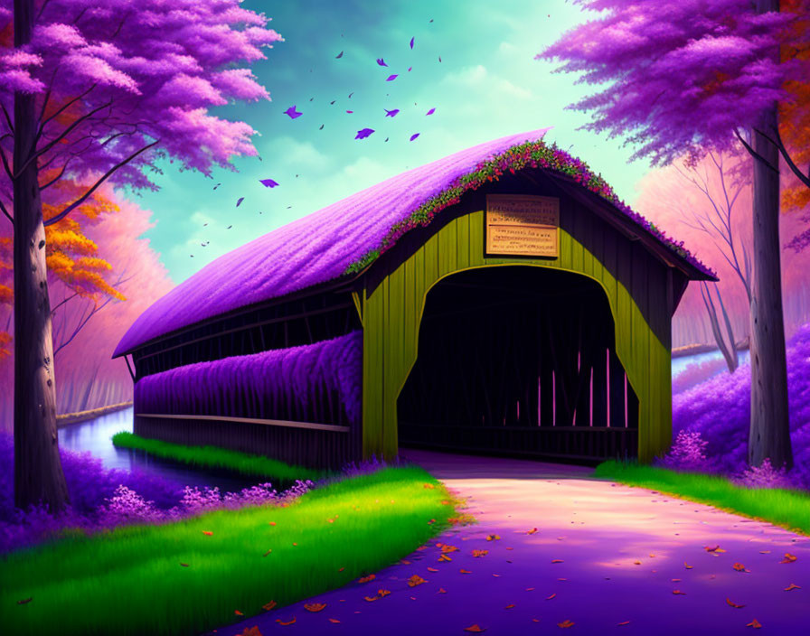 Purple-themed landscape with covered bridge and blooming trees