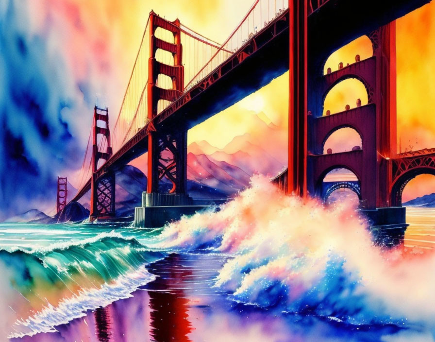 Colorful Golden Gate Bridge painting with crashing waves and dramatic sky