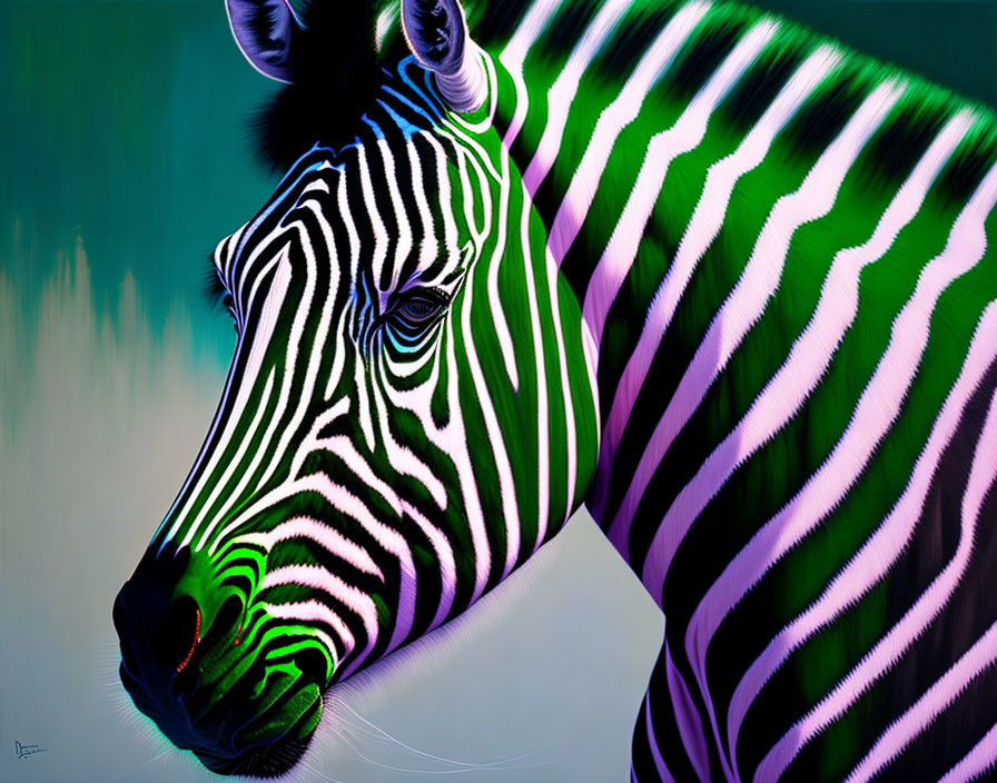 Colorful digital art: Zebra with bright green stripes on teal background