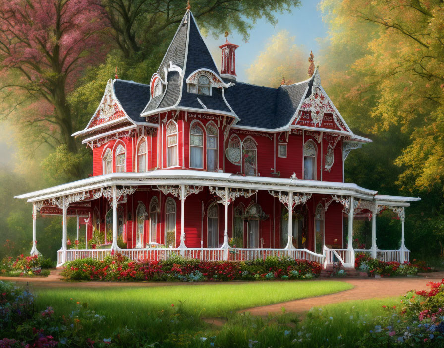 Victorian-style Red House with White Trim and Lush Gardens