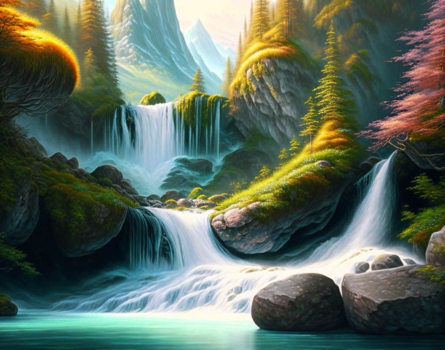 Tranquil dual waterfall in lush autumnal landscape