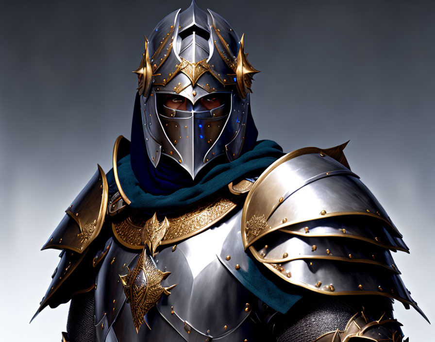 Medieval knight in gold-adorned armor with visored helmet on gray backdrop