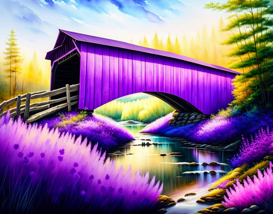 Purple covered bridge over tranquil stream with wildflowers and setting sun