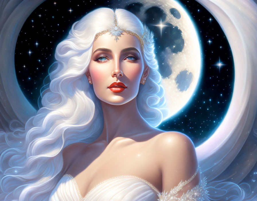 Illustrated woman with white hair and tiara under moonlit sky