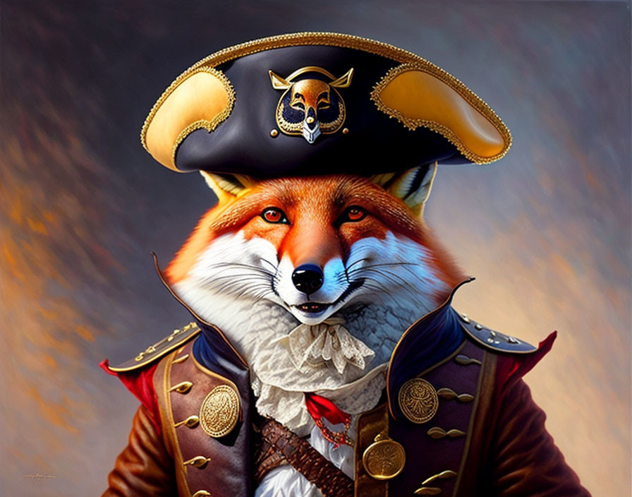 Anthropomorphic fox in pirate captain costume with tricorne hat and gold accents