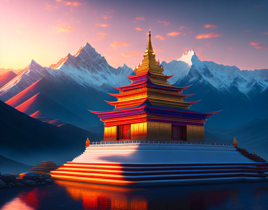 Majestic multi-tiered pagoda against snowy mountains at sunset