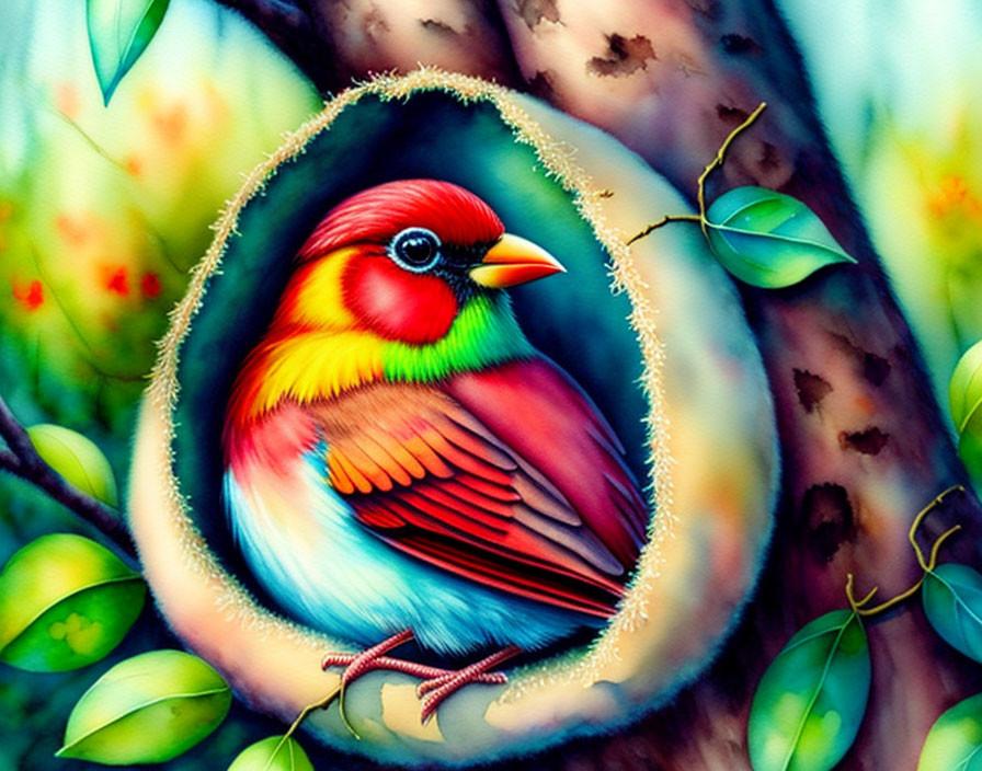 Colorful Bird Illustration Perched in Tree Hollow with Vibrant Feathers