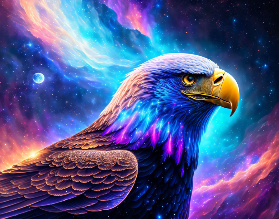 Colorful eagle illustration in cosmic setting with nebulae and planet.