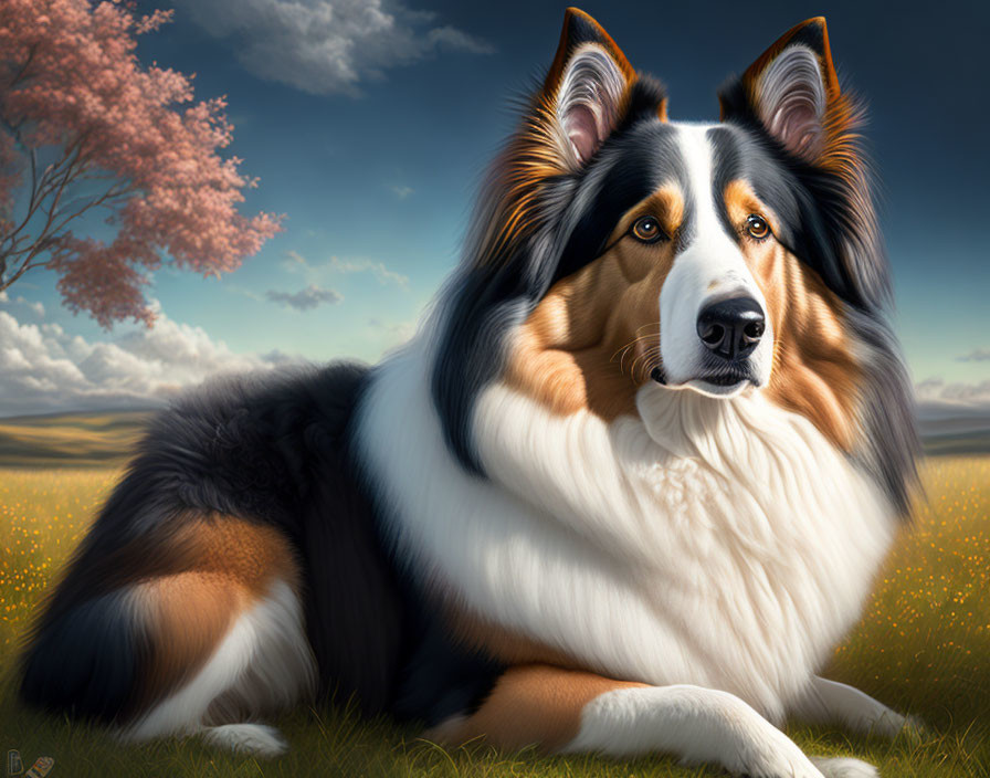 Realistic tricolor Rough Collie in field with yellow flowers and pink tree against blue sky.