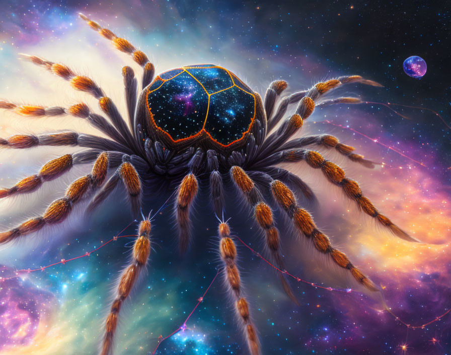 Cosmic spider with star-filled body in vibrant nebula landscape