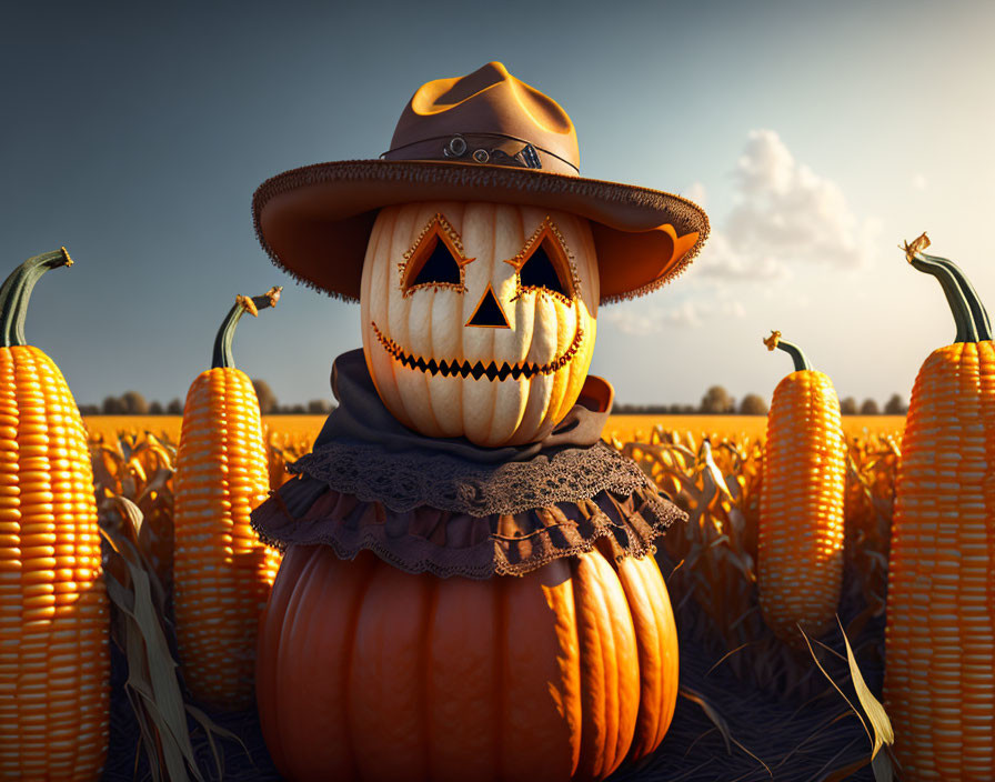 Stylized pumpkin with cowboy hat and scarf in cornfield at twilight