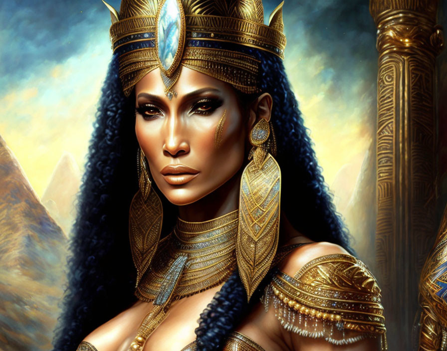 Regal woman with golden headdress and jewelry against mountain backdrop