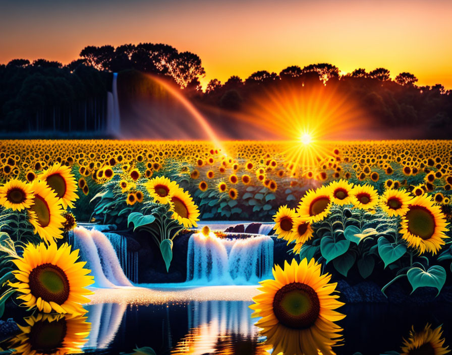 Scenic sunset over sunflower field with waterfall and pond