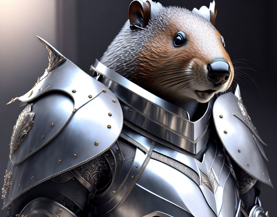 Detailed 3D rendering of medieval armor-clad squirrel on dark background