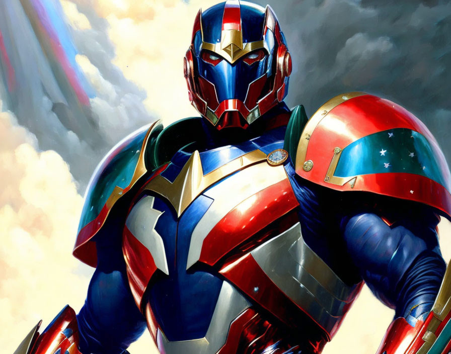 Superhero illustration in red, blue, and gold armored suit with star and stripe motifs