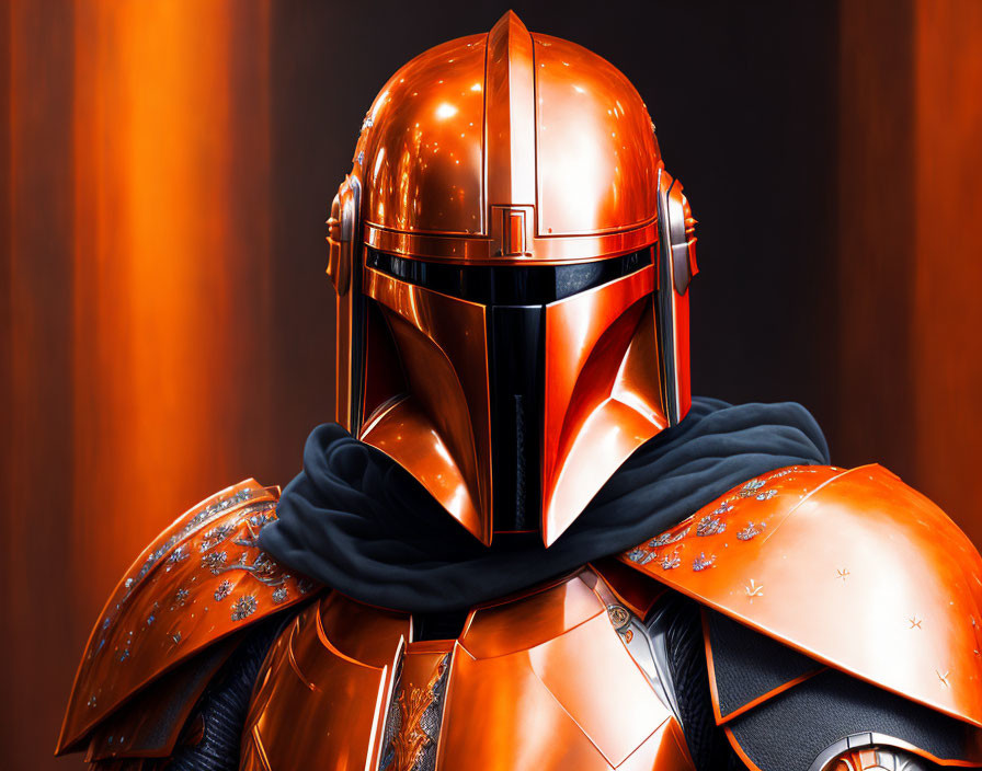 Shiny orange and black armored helmet with cape on fiery backdrop