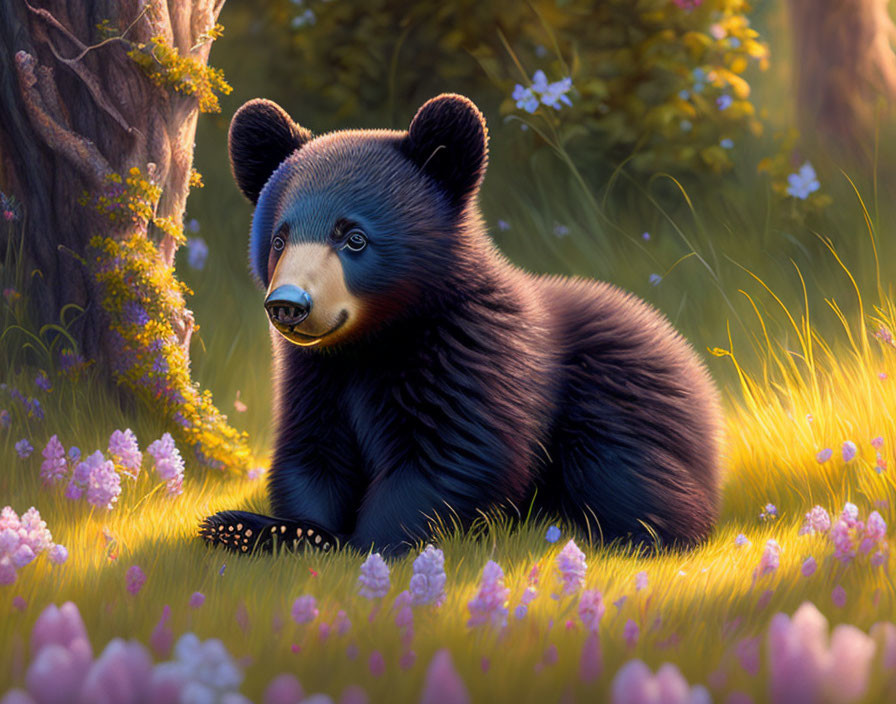 Young bear in purple flower field under forest sunlight