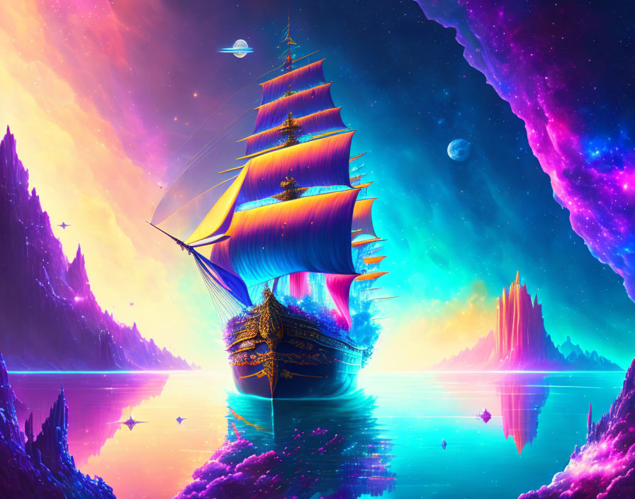 Colorful fantasy landscape with sailing ship on tranquil sea under cosmic sky