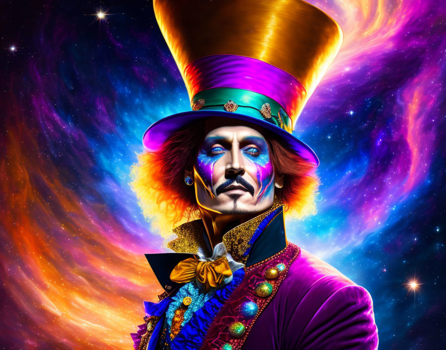 Colorful makeup man in top hat against cosmic background