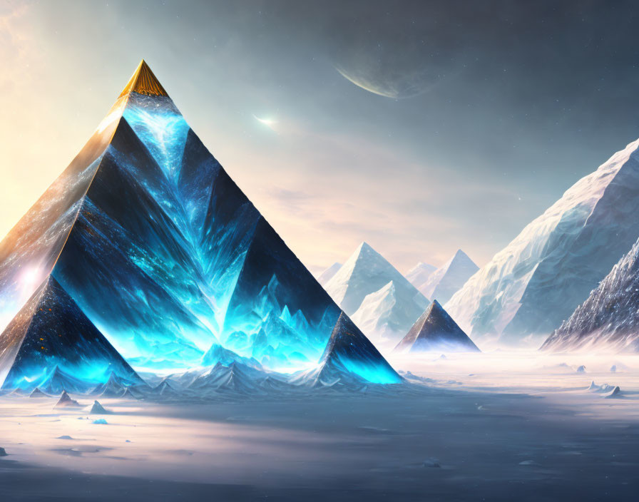 Surreal landscape with crystal mountains, golden pyramid, and icy world horizon