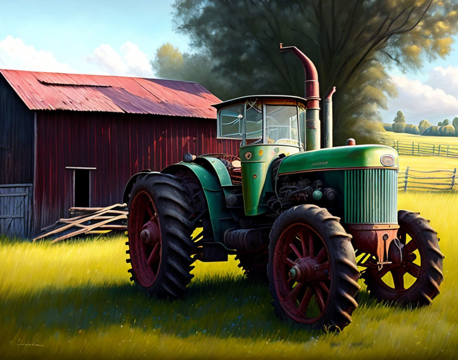 Vintage Green Tractor and Red Barn in Sunny Pastoral Scene