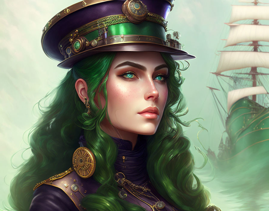 Digital artwork: Woman with green hair in steampunk naval officer uniform