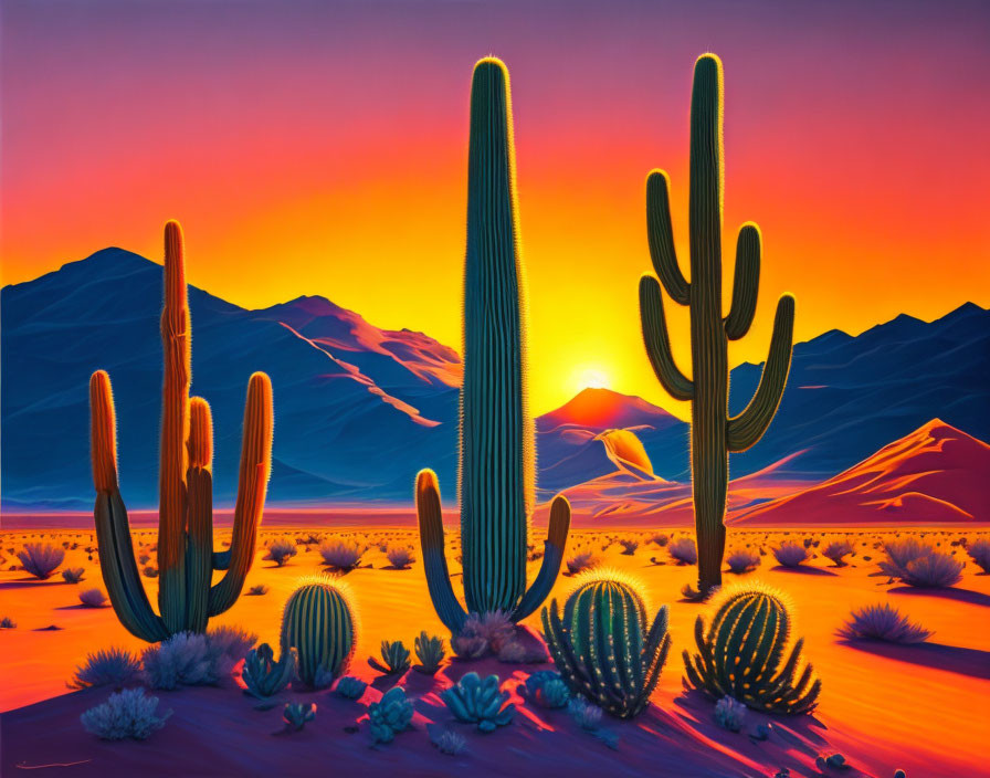 Colorful desert sunset with silhouetted cacti and mountain backdrop