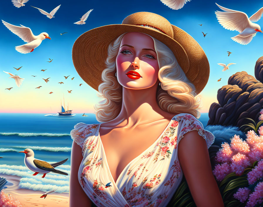 Illustration of woman in sun hat at sea with seagulls and sailboat