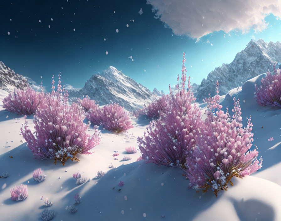 Snowy Winter Landscape with Purple Flora and Majestic Mountains