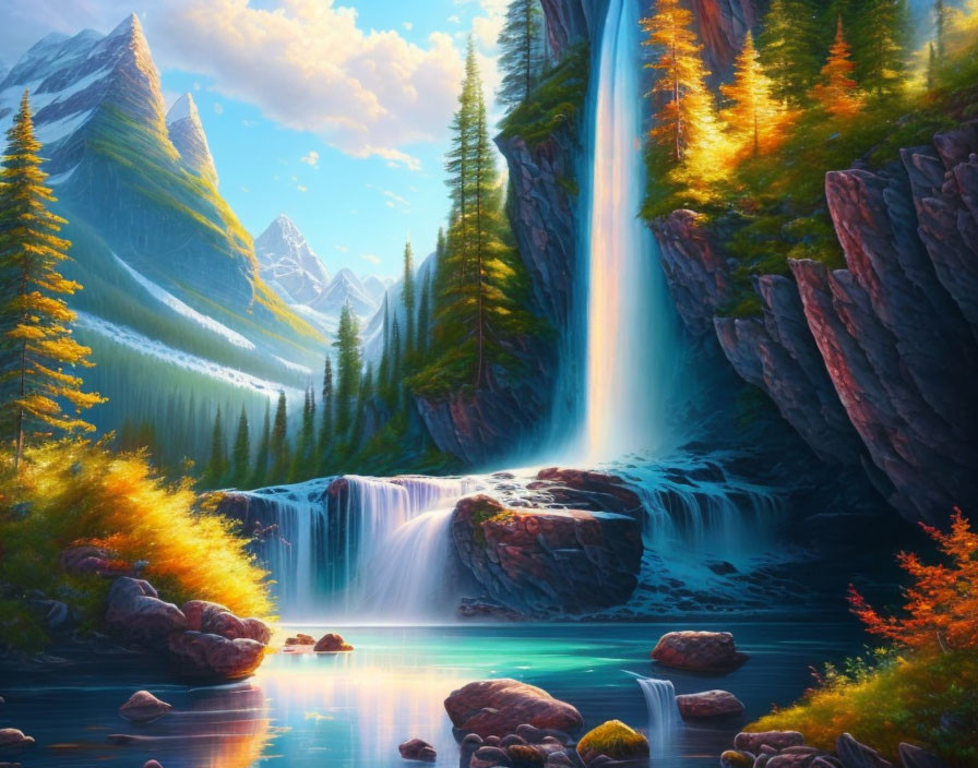 Tranquil digital painting of majestic waterfall in autumnal landscape